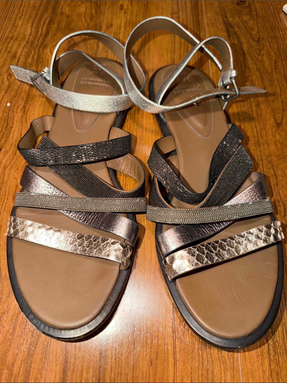 Brunello Cucinelli Metallic Multi-Texture Strappy Sandals - Silver/Bronze